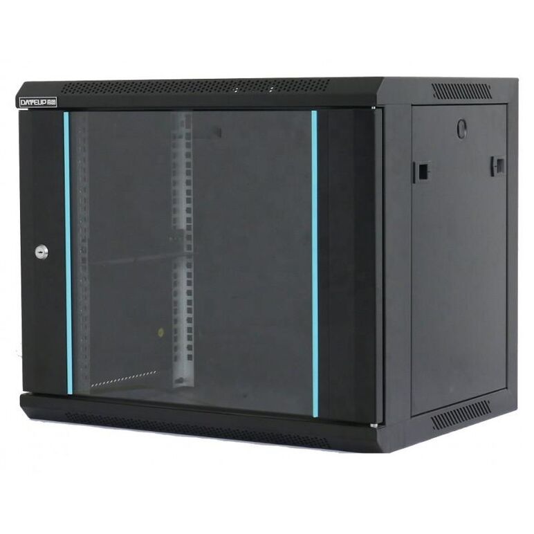 Rack 9u 600x450, montare pe perete, usa din sticla, panouri laterale detasabile si securizate , dezasamblat, culoare negru ral 9004,  dateup,  Cabinete metalice | electropc.ro