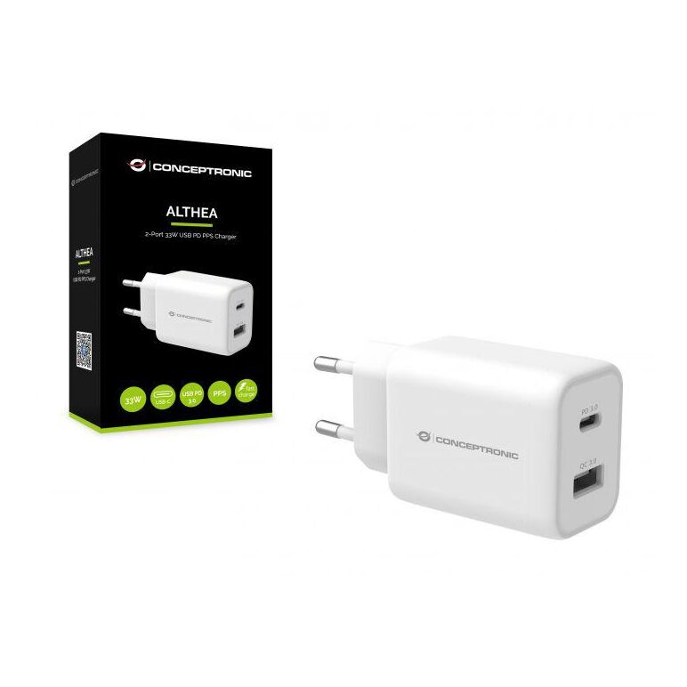 Conceptronic althea11w 2-port 33w pps usb pd charger, usb-a x 1, usb-c x 1, qc 3.0, 40.2 x 65.7 x 30 mm,  Incarcatoare telefoane | electropc.ro