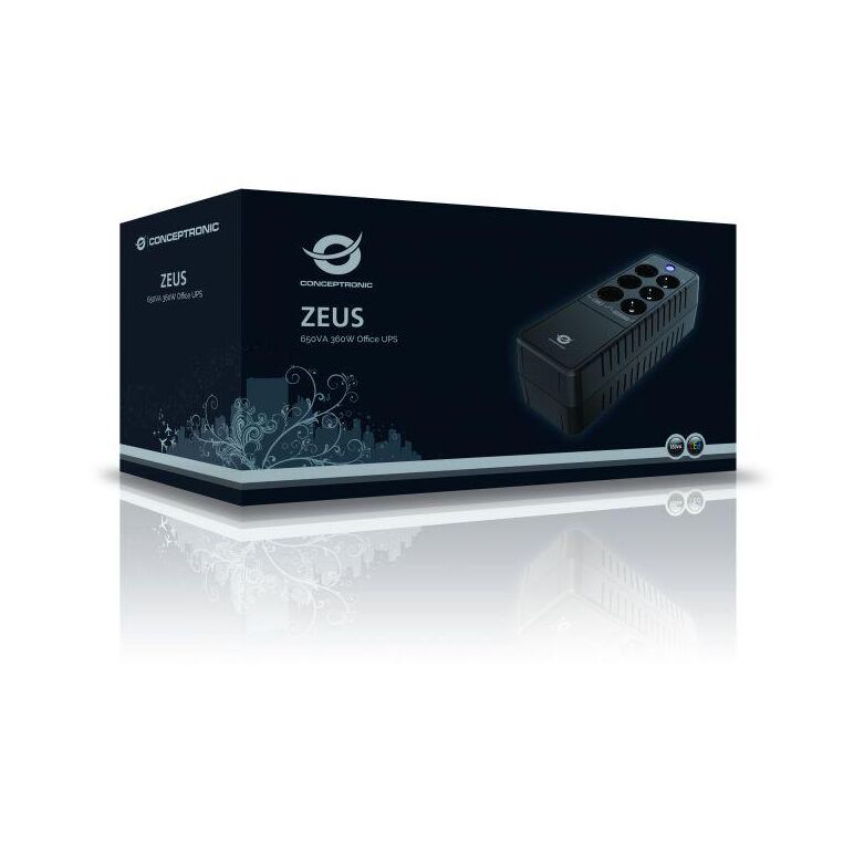 Conceptronic zeus05e 650va 360w ups, schuko x 6 (3x surge protection 3x surge protection & battery backup), rj45 in/out, avr, 110 x 309 x 84 mm,  UPS | electropc.ro