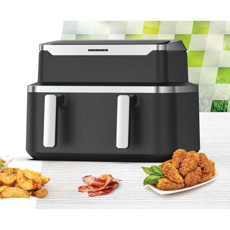 Friteuza dubla cu aer cald heinner haf-ddb9bk26, putere: 2600w, capacitate: 9l, control digital individual, temperatura: 80-220 grade c, timer 60 min, 10 programe presetate, auto-oprire, negru,  Friteuze | electropc.ro