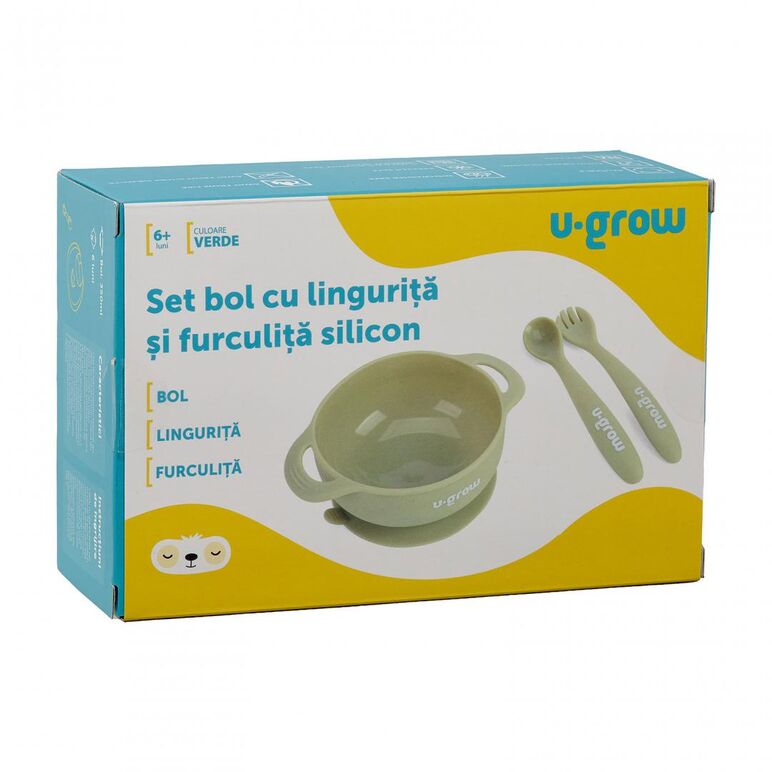Set bol si lingurita silicon, olive, u-grow,  Articole hranire bebelusi | electropc.ro