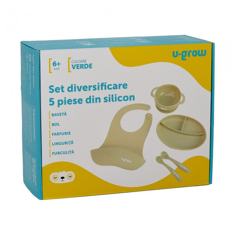 Set diversificare 5 piese silicon : baveta, bol, farfurie, lingurita si furculita, olive, u-grow,  Articole hranire bebelusi | electropc.ro