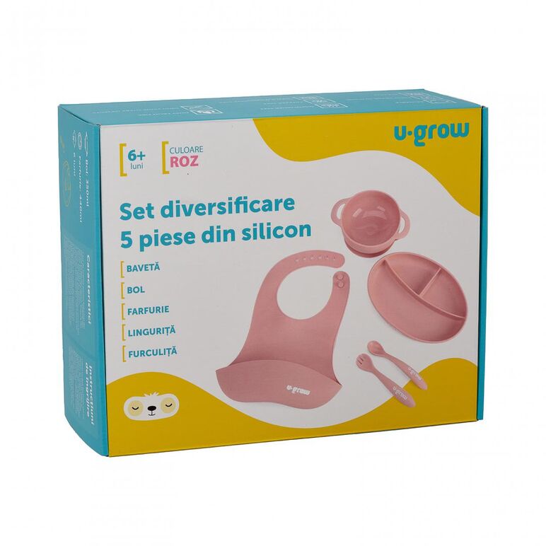 Set diversificare 5 piese silicon : baveta, bol, farfurie, lingurita si furculita, roz, u-grow,  Articole hranire bebelusi | electropc.ro