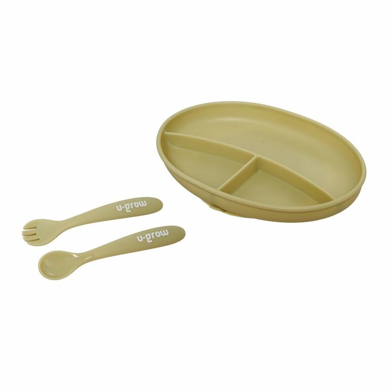 Set farfurie cu lingurita si furculita silicon, olive,u-grow,  Articole hranire bebelusi | electropc.ro