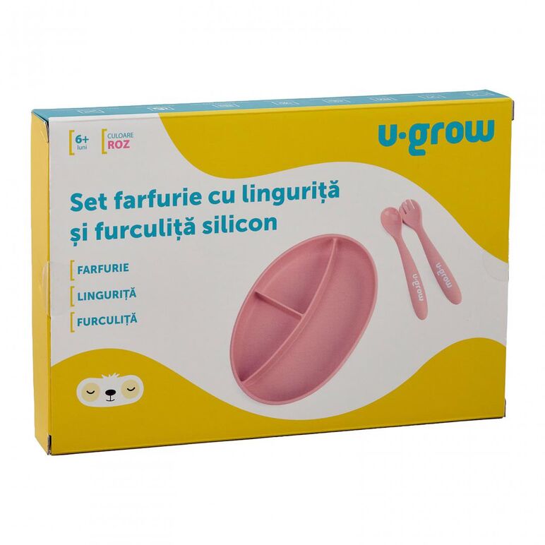 Set farfurie cu lingurita si furculita silicon, roz , u-grow,  Articole hranire bebelusi | electropc.ro