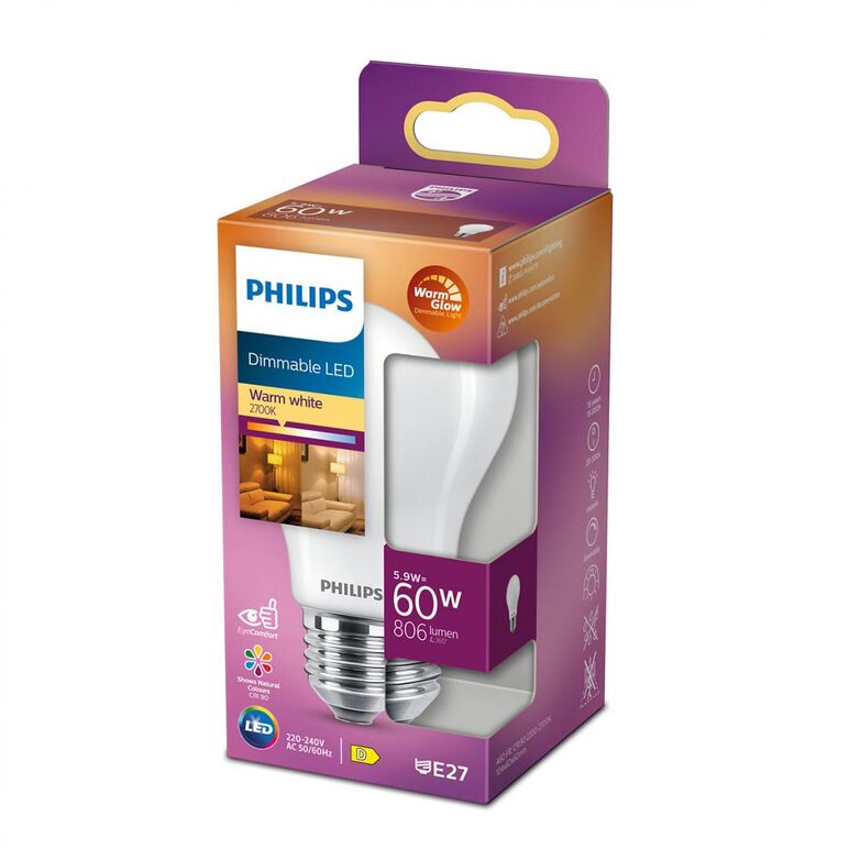 Bec led philips classic a60, eyecomfort, e27, 5.9w (60w), 806 lm, lumina calda (2200-2700k), dimabil, mat,  Becuri si Tuburi LED | electropc.ro