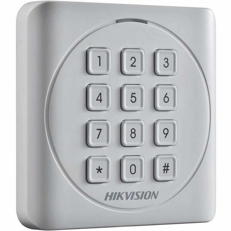 Cititor card cu tastatura hikvision ds-k1801mk, citeste carduri mifare 13.56mhz, distanta citire: 50mm, comunicare: wiegand 26/34 protocol, tastatura cu 12 butoane,  indicator led de stare si alimentare; alimentare: 12vdc, ip65, dimensiuni: 87×87×13.3mm,  Cititoare | electropc.ro