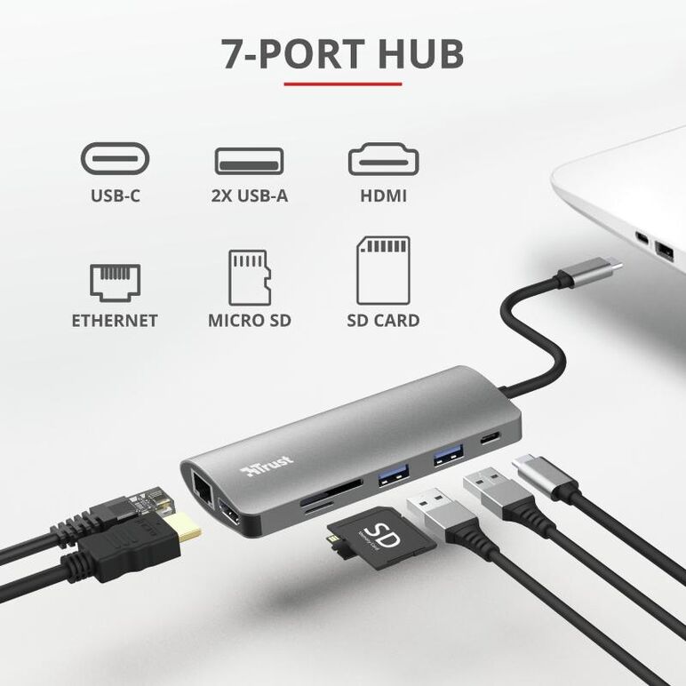 Hub usb trust dalyx, 7 porturi usb-c, negru,  Hub-uri USB | electropc.ro