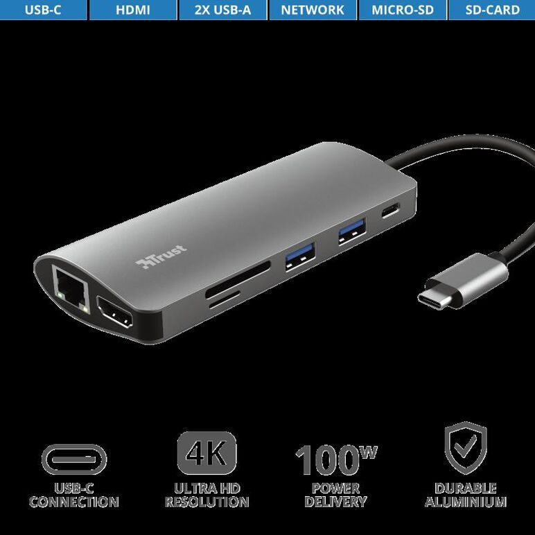 Hub usb trust dalyx, 7 porturi usb-c, negru,  Hub-uri USB | electropc.ro