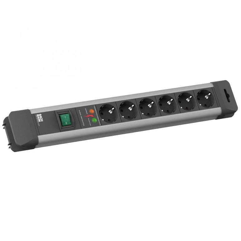 Prelungitor bachmann connectus 6xcee7/3 pc, impamantare, protectie supratensiune, intrerupator, 1xpst, cordon 2m h05vv-f 3g1.5, negru, 480x72x49mm,  Prelungitoare | electropc.ro