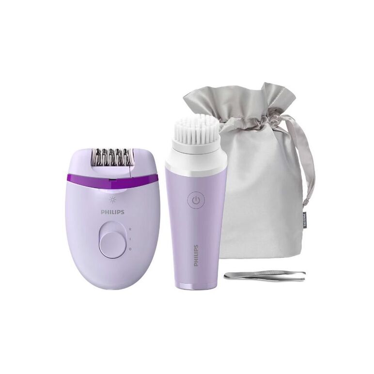 Set epilator philips satinelle essential brp533/00, opti-light, 2 setari de viteze, mini-perie de curatare faciala visapure, penseta, husa, turcoaz, mov,  Aparate de tuns | electropc.ro