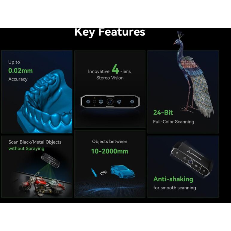 Creality 3d scanner cr-scan otter, acuratete: pana la 0.02mm, rezolutie 3d: 0.05-2mm, viteza scanare:20fps, alimentare: 5v 3a, greutate: 390g, color mapping, imu, laser clasa 1, format iesire: obj/stl/ply, interfata: usb c/usb 2.0, distanta lucru: 110-100,  Accesorii imprimare 3D | electropc.ro