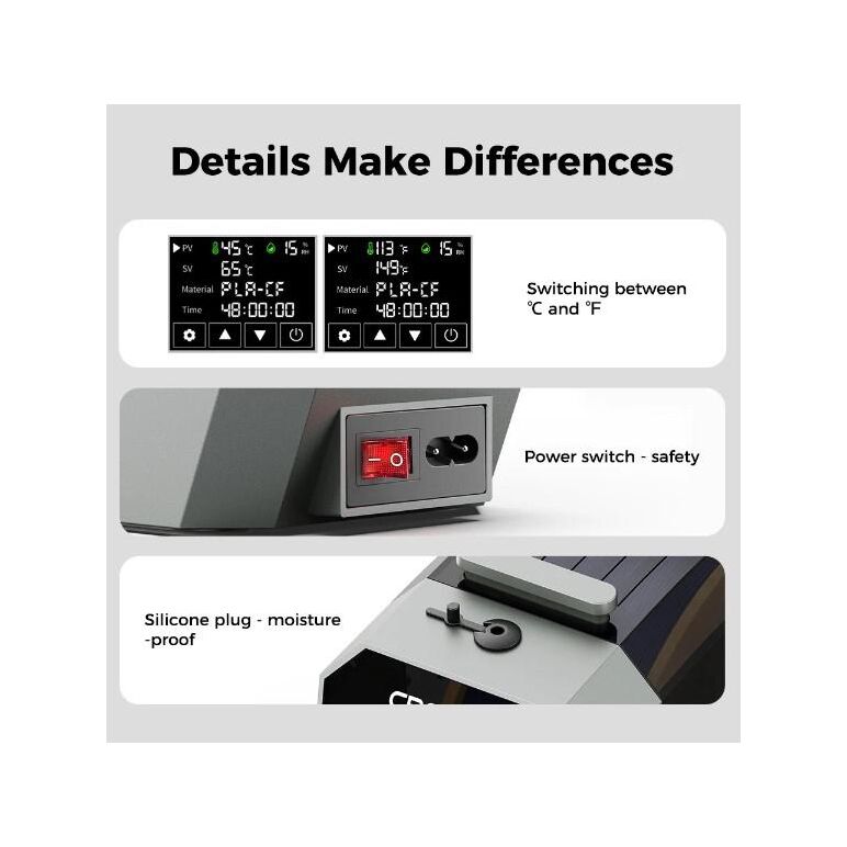 Creality 3d space pi filament dryer, dimensiuni: 300x200x100mm, 145w, control temperatura : 45°c-70°c, durata incalzire: 0-48h, diametru filament compatibil: 1.75mm/2.85mm.recomandat pentru: pla, tpu, pp, abs, asa, petg, pc, pet, pla-cf, petg-cf, pa-cf, t,  Accesorii imprimare 3D | electropc.ro