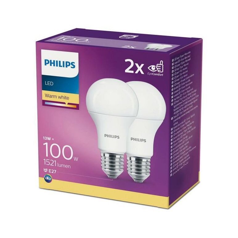 2 becuri led philips a60, eyecomfort, e27, 13w (100w), 1521 lm, lumina calda (2700k), mat,  Becuri si Tuburi LED | electropc.ro