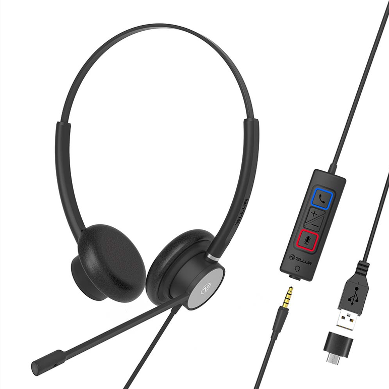 Casti cu fir call center tellur voice 420, binaural, usb jack 3.5mm, negru,  Casti audio | electropc.ro