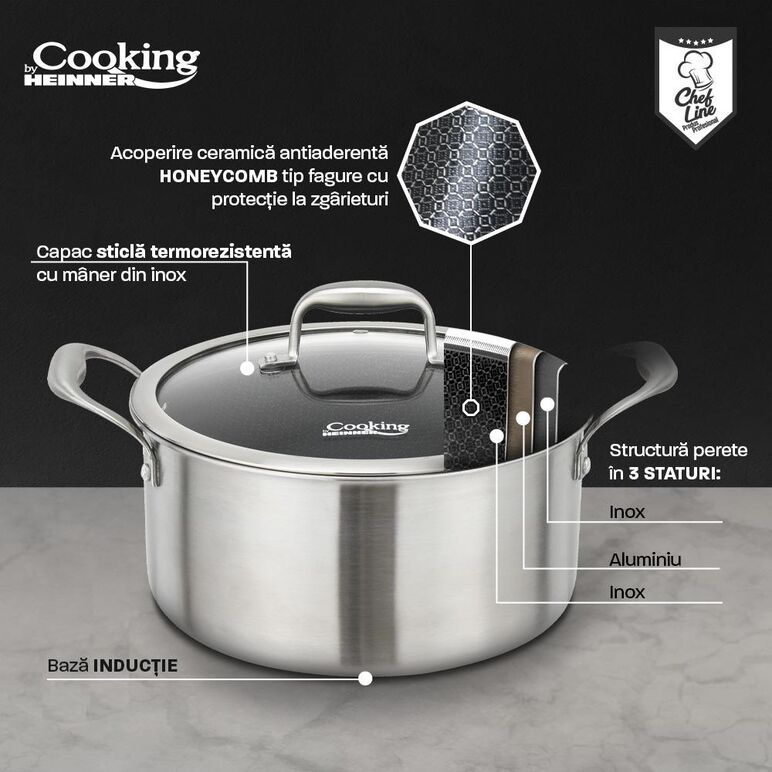 Semioala inox+capac sticla in 3 straturi 24x12 cm, 5 l, titanium3, cooking by heinner,  Tavi copt | electropc.ro
