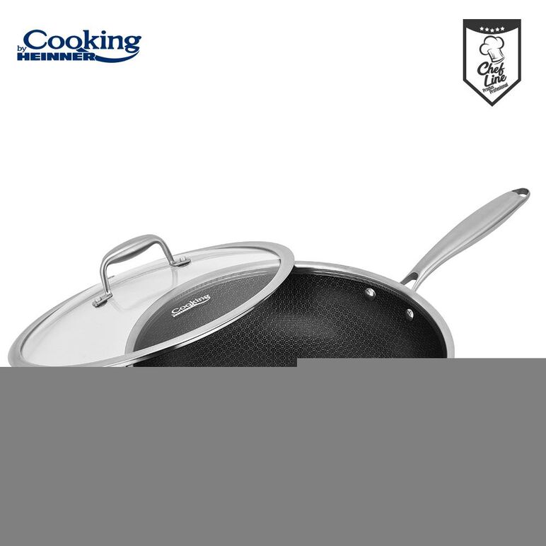 Tigaie wok inox + capac sticla 30x8.5 cm, 4.5l, titanium3, cooking by heinner,  Tigai si seturi | electropc.ro