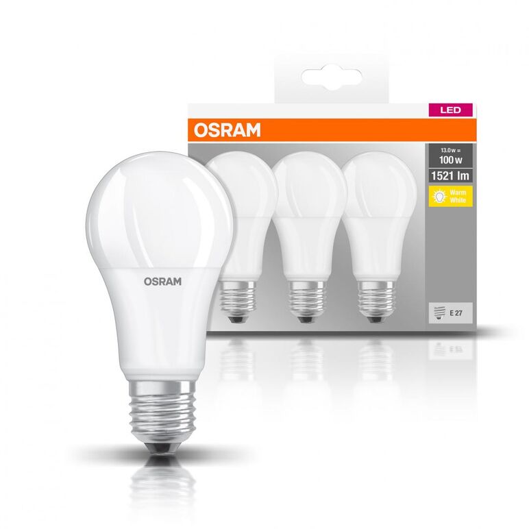 3 becuri led osram base classic a, e27, 13w (100w), 1521 lm,lumina calda (2700k),  Becuri si Tuburi LED | electropc.ro
