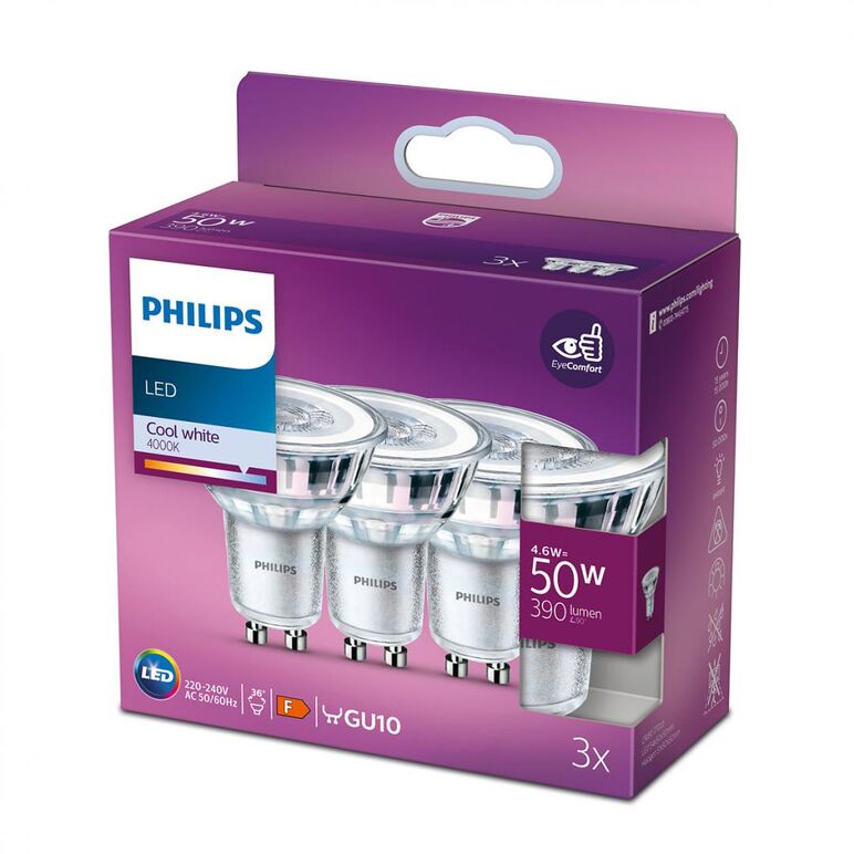 3 becuri led philips classic spot, gu10, 4.6w (50w), 390 lm,lumina neutra (4000k),  Becuri si Tuburi LED | electropc.ro