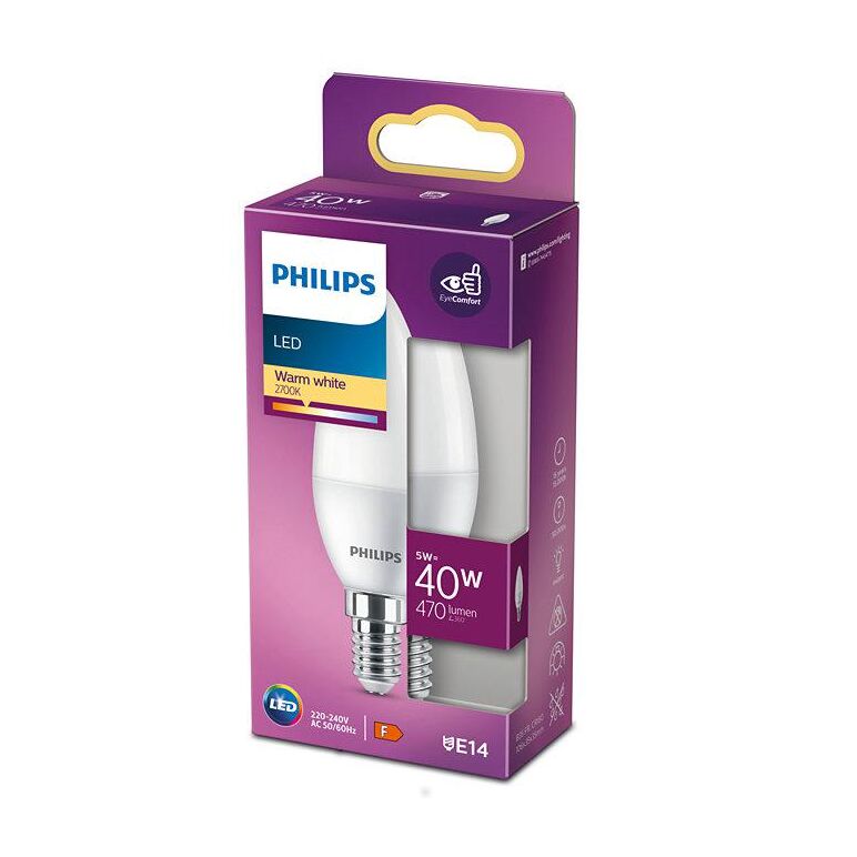 Bec led philips b35, eyecomfort, e14, 5w (40w), 470 lm, lumina calda (2700k), mat,  Becuri si Tuburi LED | electropc.ro