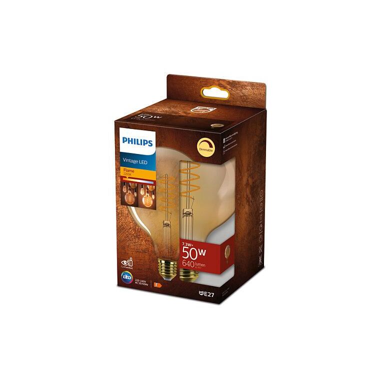 Bec led vintage (decorativ) philips classic gold globe g120, eyecomfort, e27, 7.3w (50w), 640 lm, lumina calda (2200k), dimabil, cu filament,  Becuri si Tuburi LED | electropc.ro