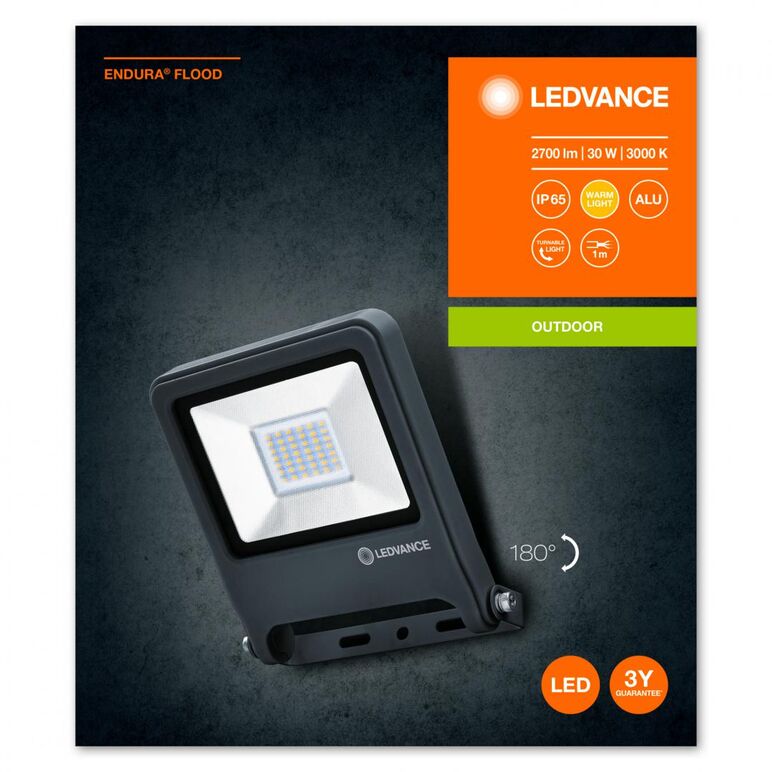 Proiector led ledvance endura flood, 30w, 220-240v, 2700 lm, lumina calda (3000k), ip65/ik06, 186x163x34mm, aluminiu, gri,  Proiectoare | electropc.ro