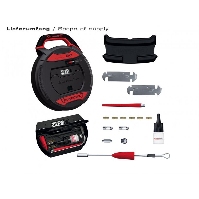 RUNPOTEC GF3 - Tragator cablu din fibra de sticla cu accesorii si contor electronic, diametru 3mm x 30m, 10193,  Sisteme de tragere a cablurilor | electropc.ro