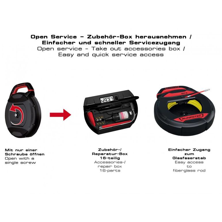 RUNPOTEC GF3 - Tragator cablu din fibra de sticla cu accesorii si contor electronic, diametru 3mm x 30m, 10193,  Sisteme de tragere a cablurilor | electropc.ro