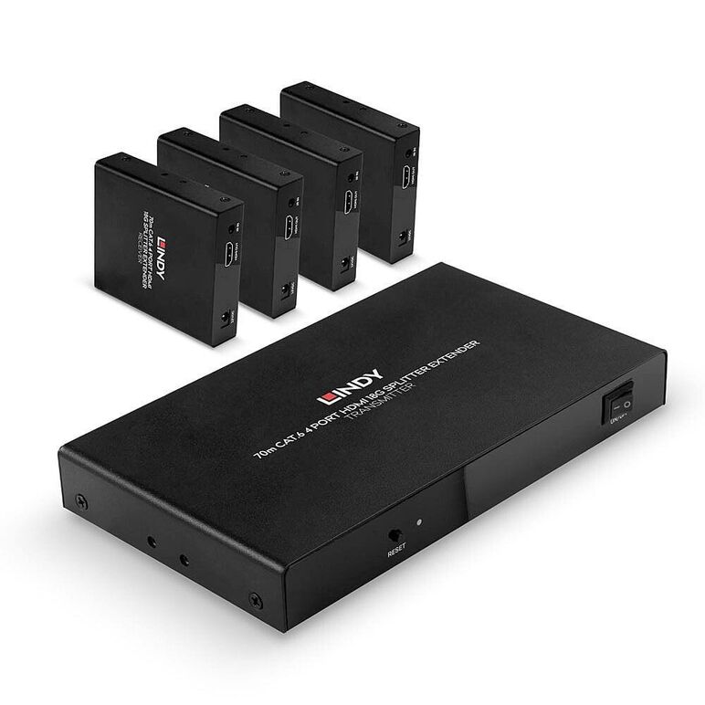 Lindy 70m 4 port cat.6 hdmi 4k60 splitter extender  description  distribute 4k hdmi signals to up to 4 displays in multiple locations supports resolutions up to 4k@60hz, with additional support for hdr features a loop-through hdmi output on the transmitte,  Splittere audio-video | electropc.ro