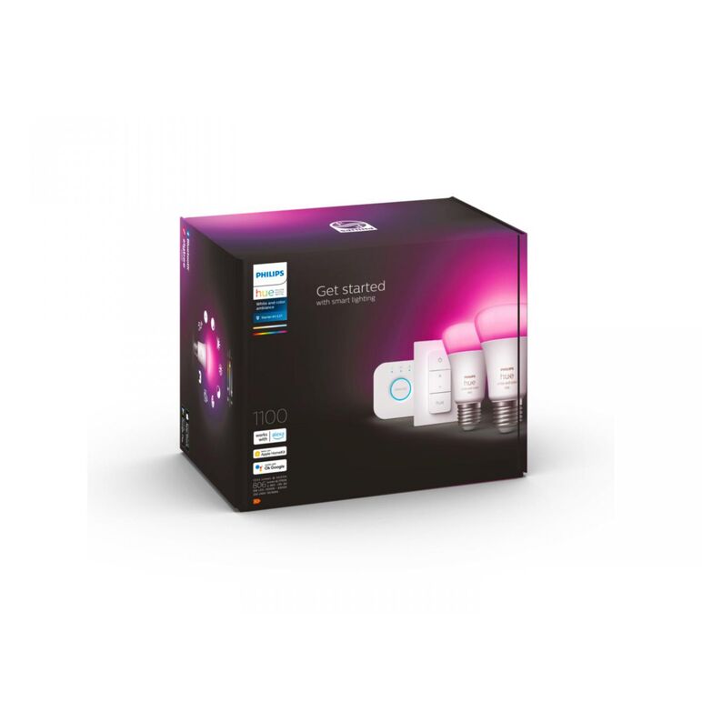 Pachet 2 becuri led rgb inteligente philips hue a60, bluetooth, e27, 9w (75w), 1100 lm, lumina alba si color (2000-6500k) + consola hue bridge + intrerupator cu variator,  Becuri si Tuburi LED | electropc.ro