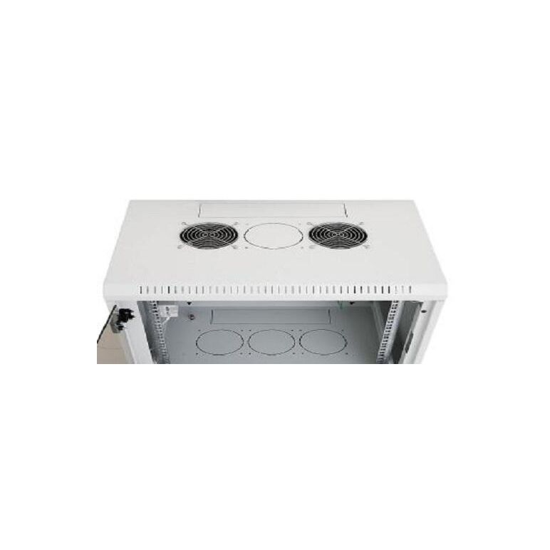 Rack de perete triton sectiune simpla 18u 600mm adancime usa sticla panouri laterale fixe sectiuni ventilatie activa, sectiuni acces cabluri sus/jos/spate securizare cu cheie, 1 pereche montanti reglabili ip30 gri,  Cabinete metalice | electropc.ro