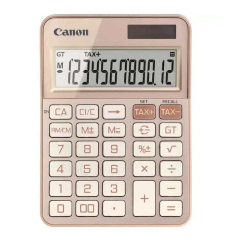 """calculator birou canon ks-125kb-rg, rose gold, 12 digits, 29 keys, dual power solar+baterie, m+, m-,rm/cm, tax+, tax-, baterie:lr44 x 1pc, dimensiuni: 147 x 106 x 25mm, greutate: 116g, auto power off-7 min.""",  Calculatoare birou | electropc.ro