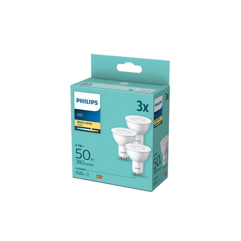 3 becuri led philips spot, gu10, 4.7w (50w), 380 lm, lumina calda (2700k),  Becuri si Tuburi LED | electropc.ro