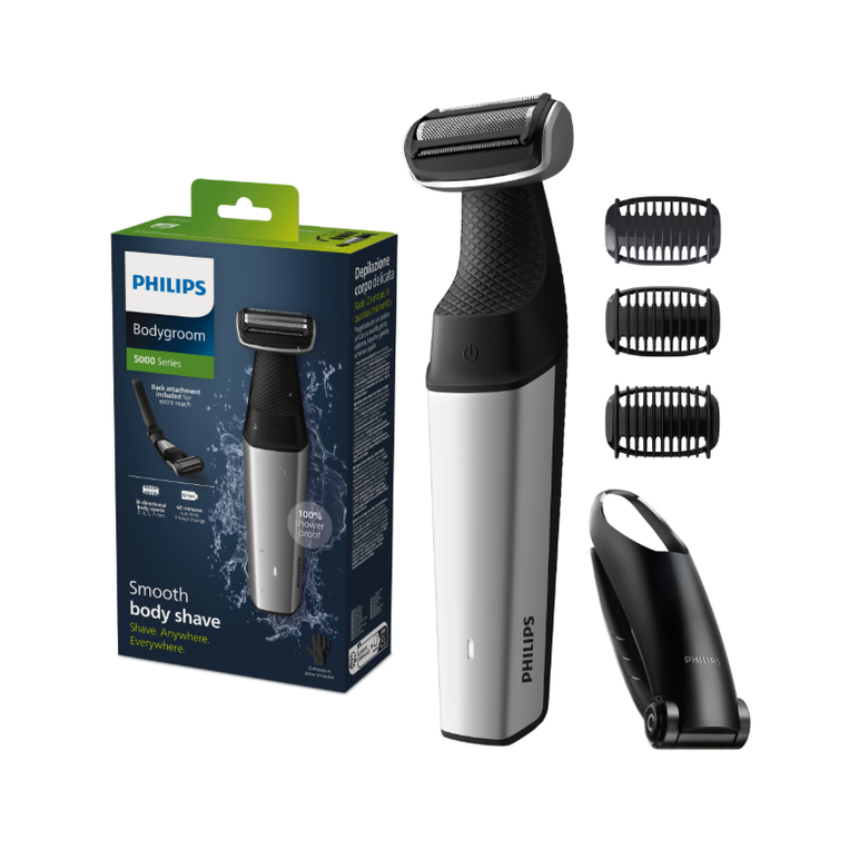 Aparat de tuns/ras corporal philips seria 5000  bg5021/15, folie hipoalergenica, autonomie 60 minute/ timp incarcare 1 ora, functie incarcare rapida 5 minute, 3 x pieptene pentru corp 2; 3; 5 mm, maner pentru spate, gri, l x a x i (mm) 70x140x244,  Aparate de tuns | electropc.ro