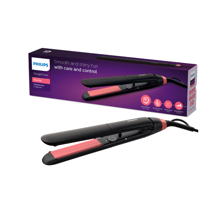 Placa de par philips straighcare essential bhs376/00, tehnologie thermoprotect, placi cu infuzie de cheratina, negru, l x a x i (mm)  54x346x90,  Placi de indreptat parul | electropc.ro