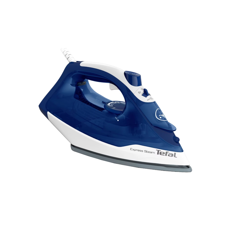 Fier de calcat tefal express steam fv2838e0, 2400w, jet de abur 180 g/min, abur variabil 0-40 g/min, 270 ml, functie anticalcar, alb/albastru,  Fiare de calcat | electropc.ro