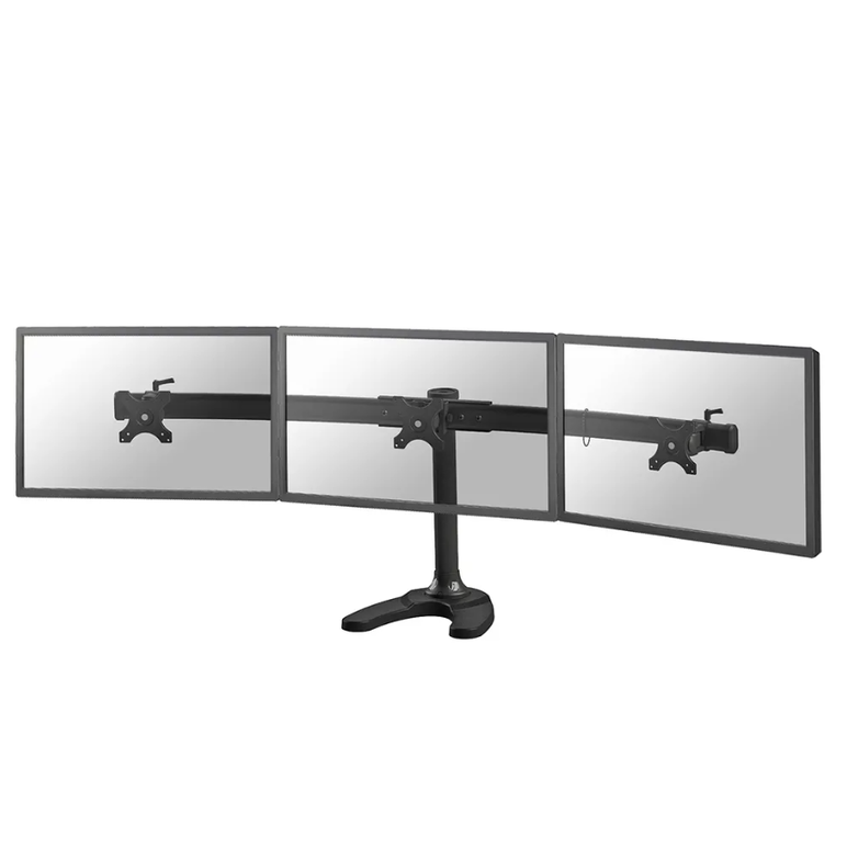 Suport triplu monitor de birou neomounts fpma-d700dd3; pentru display- uri cu diagonale 10"-27", sistem de prindere vesa 75x75~100x100, greutate maxima suportata 8kg - per ecran, swivel +45°, rotate +360°; inaltime reglabila manual 340-450mm; culoare negr,  Suporturi TV & Monitor | electropc.ro