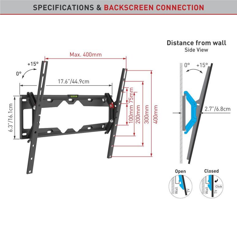 Suport tv de perete barkan, pentru ecrane de pana la 13" - 65", greutate maxima suportata 36kg, distanta fata de perete 80mm - 205mm, vesa max. 400x400 mm, negru,  Suporturi TV & Monitor | electropc.ro