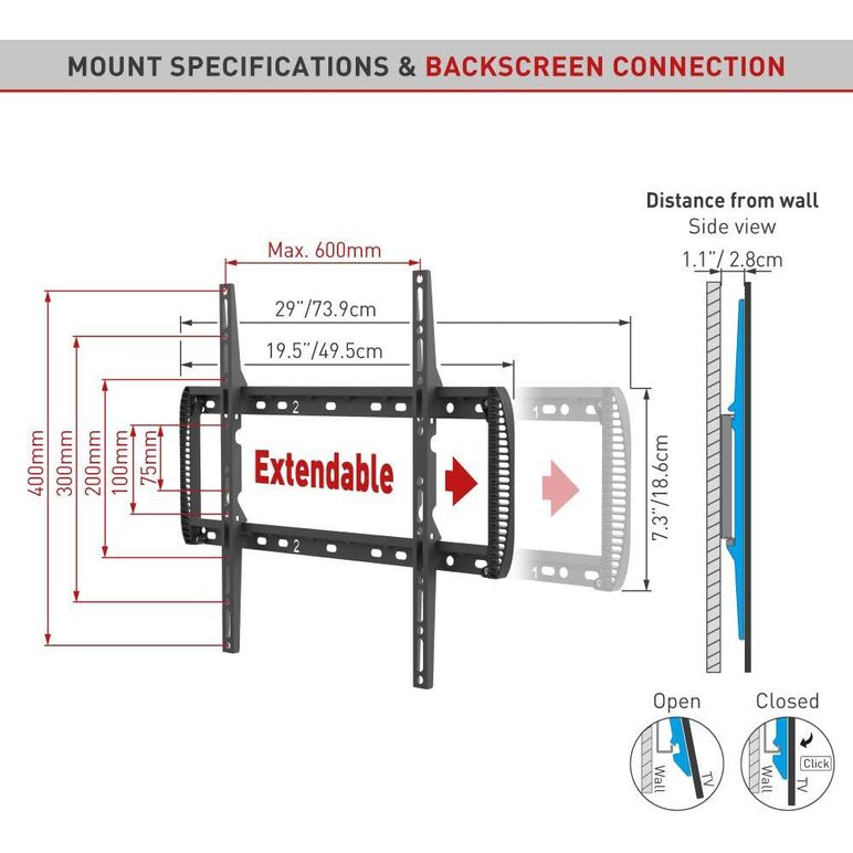 Suport tv de perete barkan, pentru ecrane de pana la 13" - 90", greutate maxima suportata 60kg, distanta fata de perete 80mm - 200mm, vesa max. 600x400 mm, negru,  Suporturi TV & Monitor | electropc.ro
