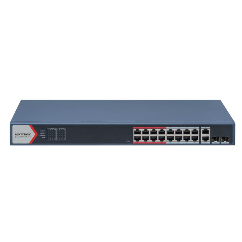 Switch 16 porturi poe hikvision ds-3e1318p-ei(b), l2, smart managed, 16 × 100 mbps poe rj45 ports si 2 × porturi gigabit, putere poe 230w, maxim 30w per port, extend mode - pana la 300 metri,  switching capacity 7.2 gbps, visualized topology management, n,  Switch-uri | electropc.ro