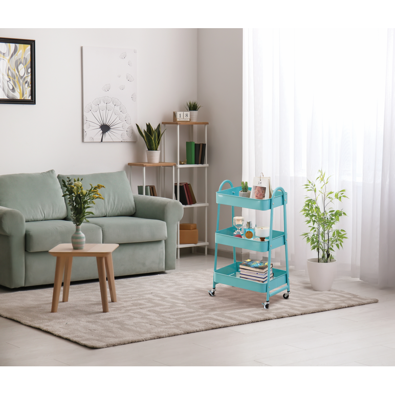 Carucior pentru depozitare cu 3 rafturi - turcoaz,  Rafturi | electropc.ro