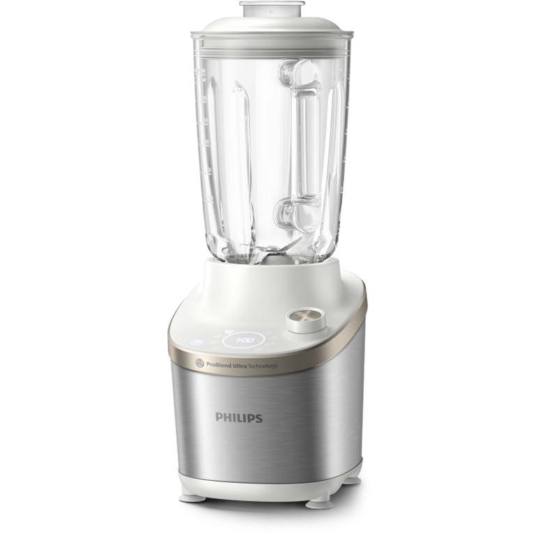 Blender de mare viteza philips hr3760/01, 1500 w, vas de sticla capacitate 2 l, corp din metal alb, 4 lame zimțate, setari de viteza variabila, presetare si funcție impuls, ecran led si buton, alb,  Blendere | electropc.ro