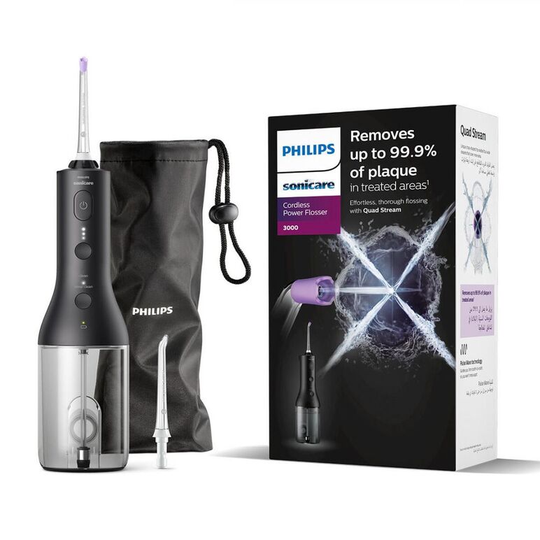 Irigator bucal philips sonicare cordless power flosser 3000 hx3826/33, tehnologie quadstream, portabil, 2 moduri de curatare, 3 niveluri de intensitate, 2 x capete de curatare si 1 x husa transport, negru, l x a x i (mm) 92x134x247,  Periute electrice de dinti | electropc.ro