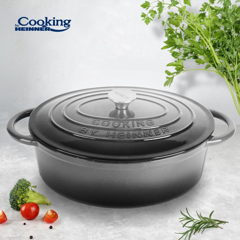 Semioala  fonta emailata ovala + capac 37x29x15 cm, 9l marble grey, cooking by heinner,  Tavi copt | electropc.ro
