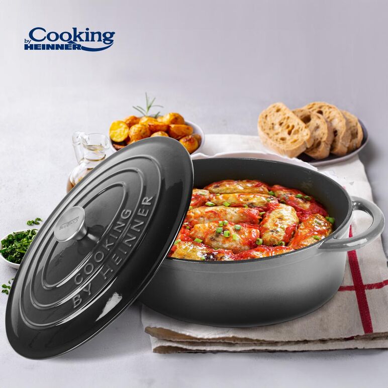 Semioala  fonta emailata ovala + capac 37x29x15 cm, 9l marble grey, cooking by heinner,  Tavi copt | electropc.ro