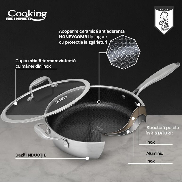 Tigaie adanca+capac, 24x6.5 cm, titanium3, cooking by heiner,  Tigai si seturi | electropc.ro