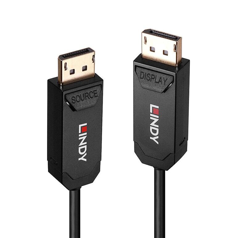 Cablu lindy hybrid displayport, lungime 50m, fibra optica, latime de banda suportata 40gbps, rezolutie maxima 680x4320@60hz 4:2:0 10bit, 3840x2160@144hz 4:4:4 10bit, negru,  Cabluri video | electropc.ro