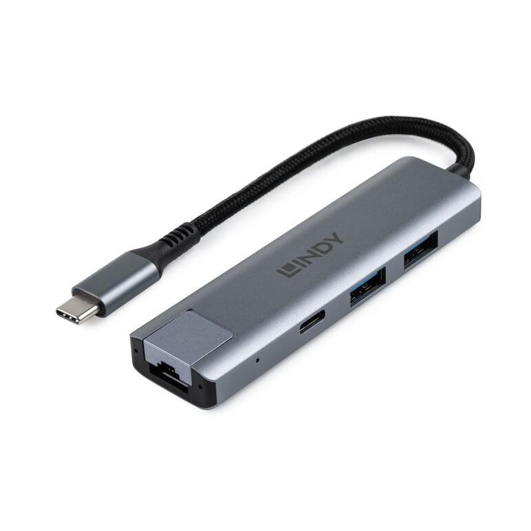Hub lindy usb3.2 gigabit ethernet, interfata usb c la rj45 & 2x usb a & 1x usb c, interfata standard usb 3.2 / 3.1 gen 2, gigabit lan, chipset rtl8153 (lan), gl3590 (hub), lungime cablu  150mm, gri,  Hub-uri USB | electropc.ro