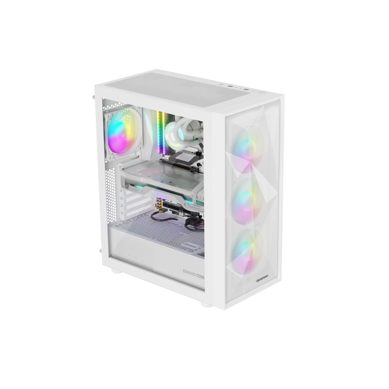 Carcasa genesis diaxid 605 mid tower argb alb, tempered glass, sloturi expansiune 7, drive bays: 2x3.5" 3x2.5", ventilatoare suportate: 8 (spate: 1x120mm, fata: 3x120mm sau 3x140mm, sus: 2x120mm sau 2x140mm, jos: 2x120mm), ventilatoare incluse: 4 (spate: ,  Carcase | electropc.ro