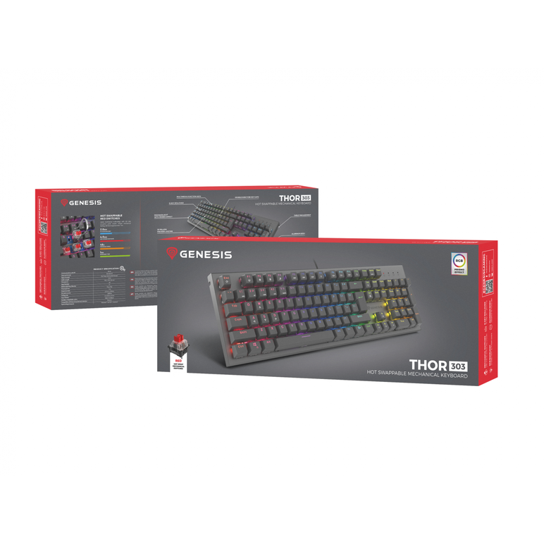 Tastatura gaming mecanica cu fir genesis thor 303, iluminare rgb, switch-uri red, 104 taste, 11 butoane multimedia, negru,  Tastaturi | electropc.ro